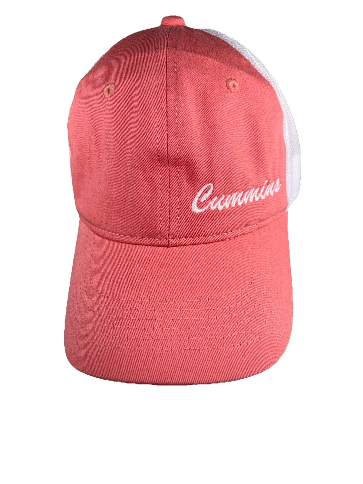 Cummins in white letters on Pink Fabric Hat Cap White Mesh SnapBack EUC