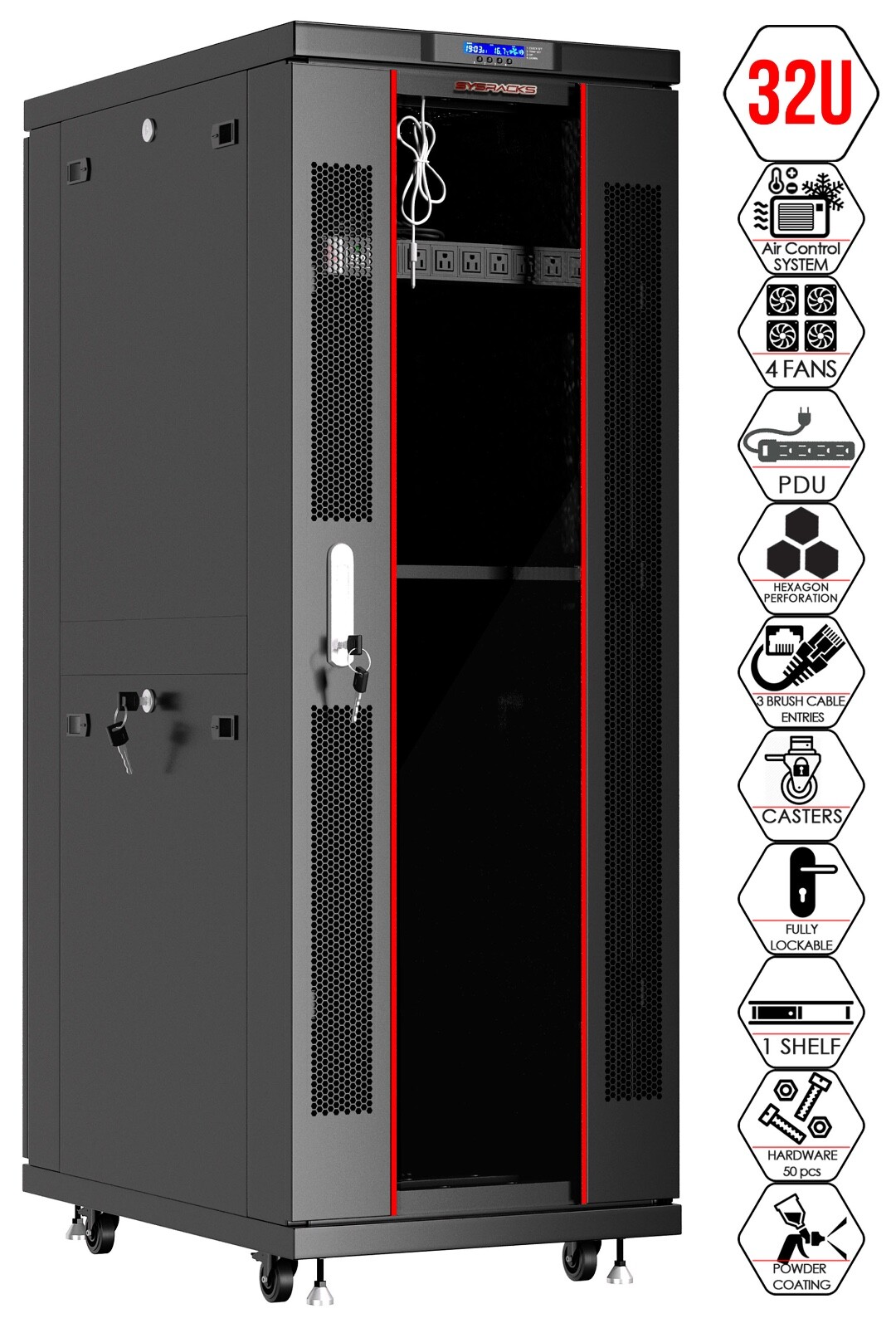 Sysracks 32U Server Rack Cabinet 24" Deep 19" Network Enclosure, Fans, PDU