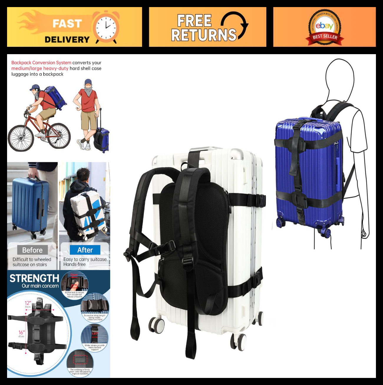 Heavy Duty Backpack Conversion Straps for Hard Shell Suitcase Luggage - Travel G