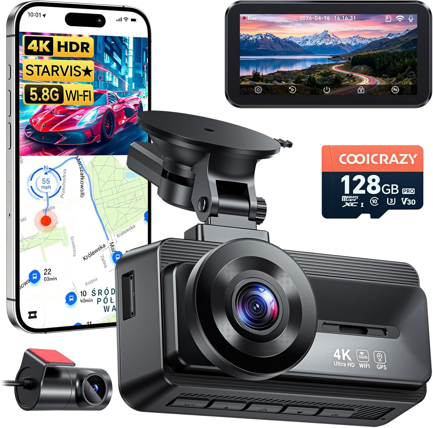 Coolcrazy 4K Dash Cam Front and Rear, STARVIS Sensor, Free 128GB Card Included,