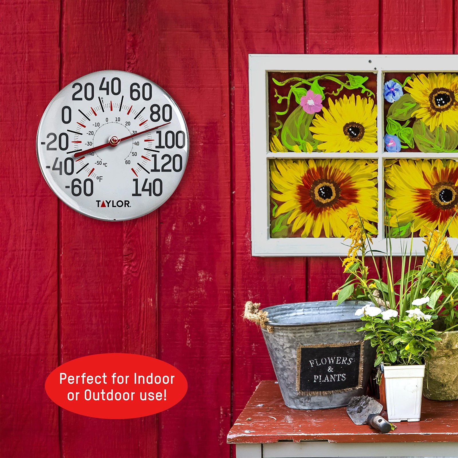Taylor Metal Wall Indoor Outdoor Thermometer, Wireless 12 inches, White