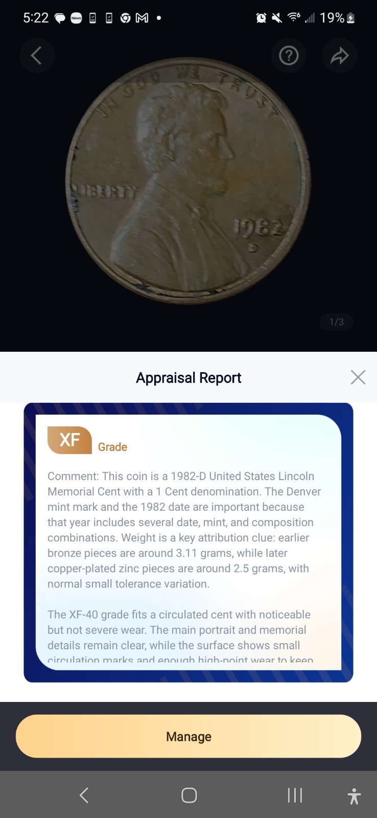 1982 D Penny Coin,  3.1 Grams, Denver Mint Mark Authinicated