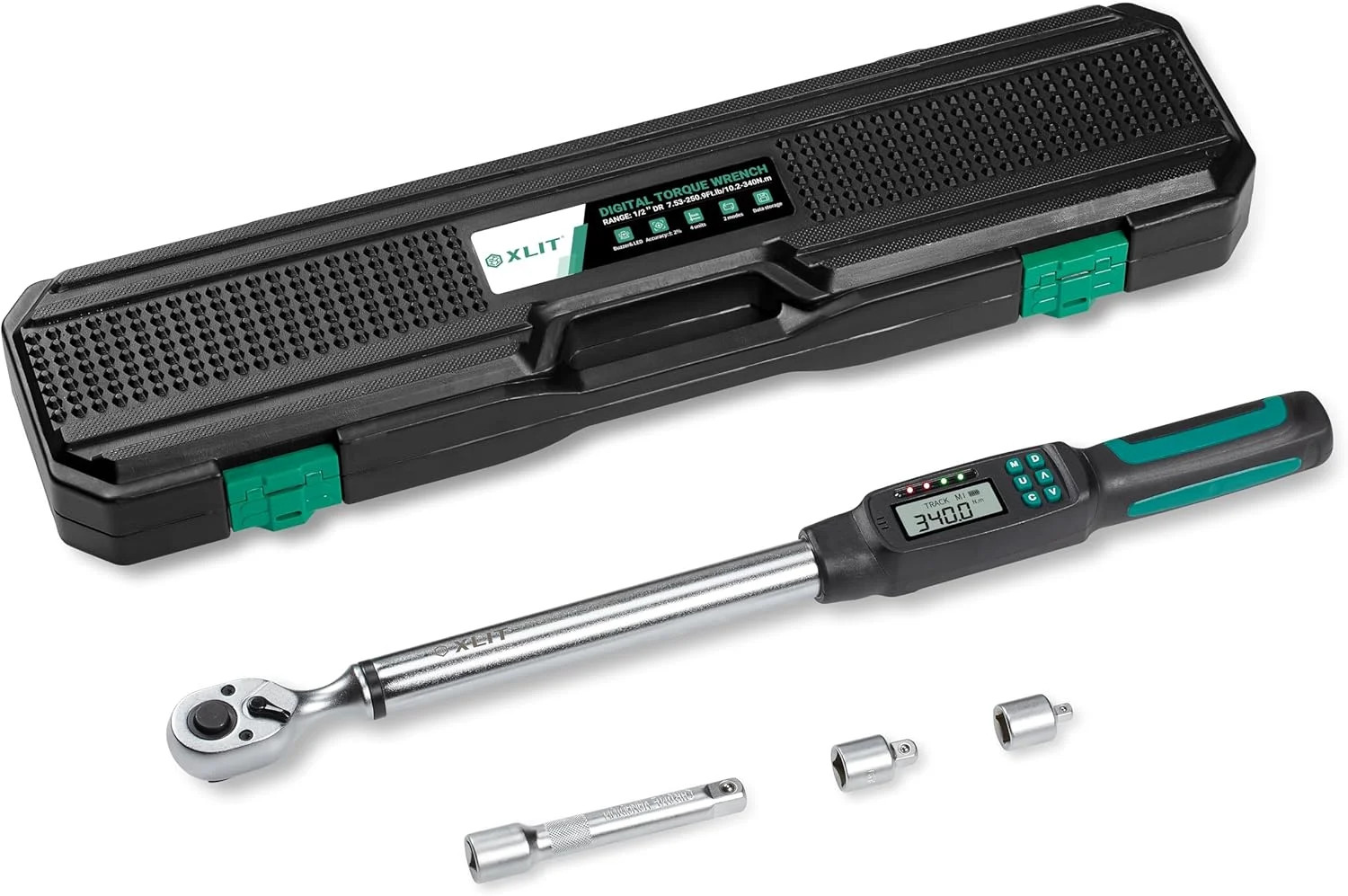 1/2" Digital Torque Wrench Set with Socket Adapters (1/4", 3/8"), Extension Bar,