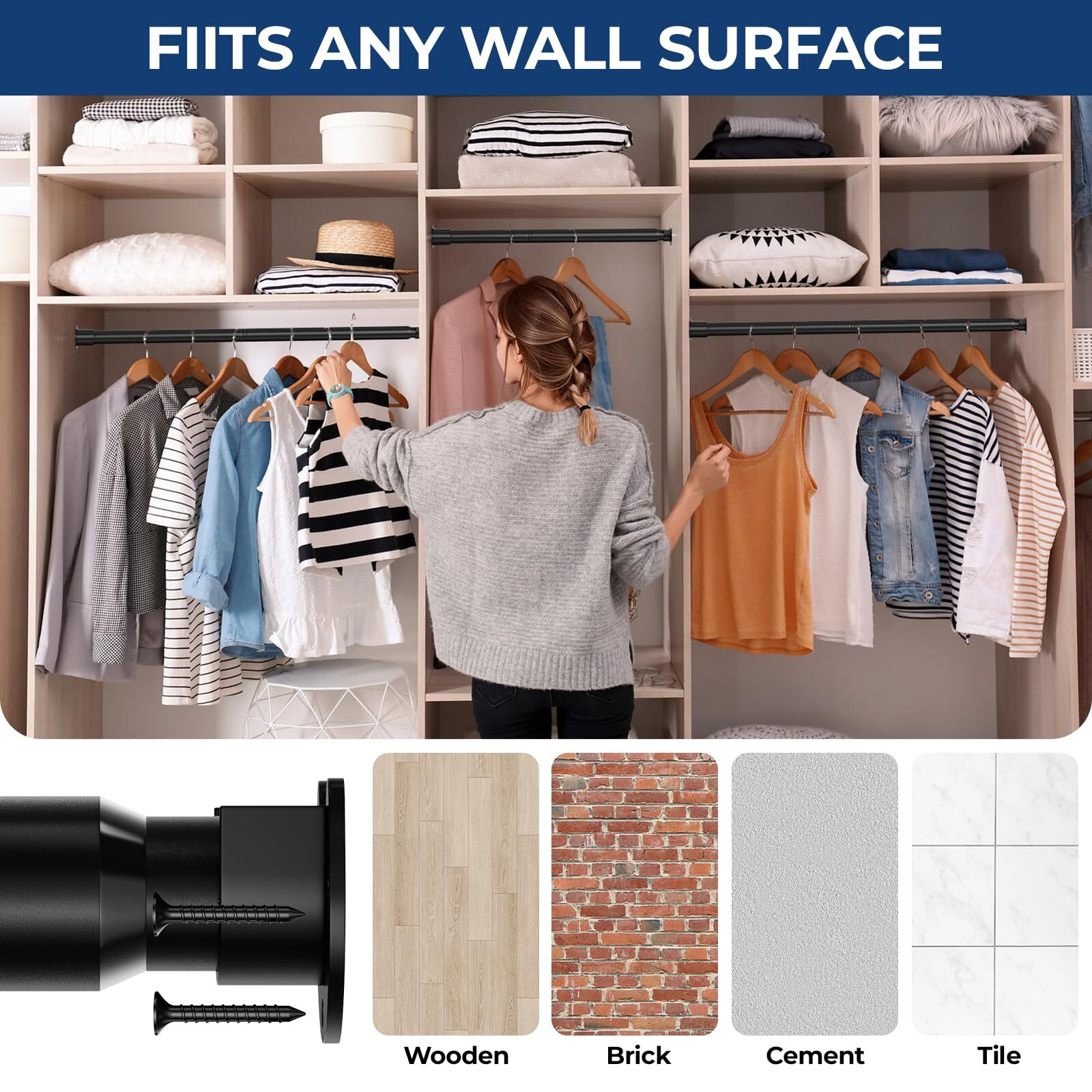 Closet Rods for Hanging Clothes17 to 57 Inches Stepless Adjustable Metal Clos...