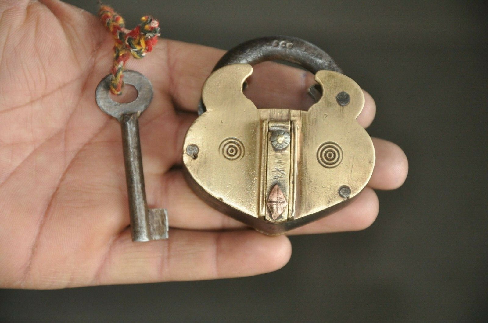 Vintage Brass & Iron Handcrafted Heart Shape Fine Padlock , Nice Patina