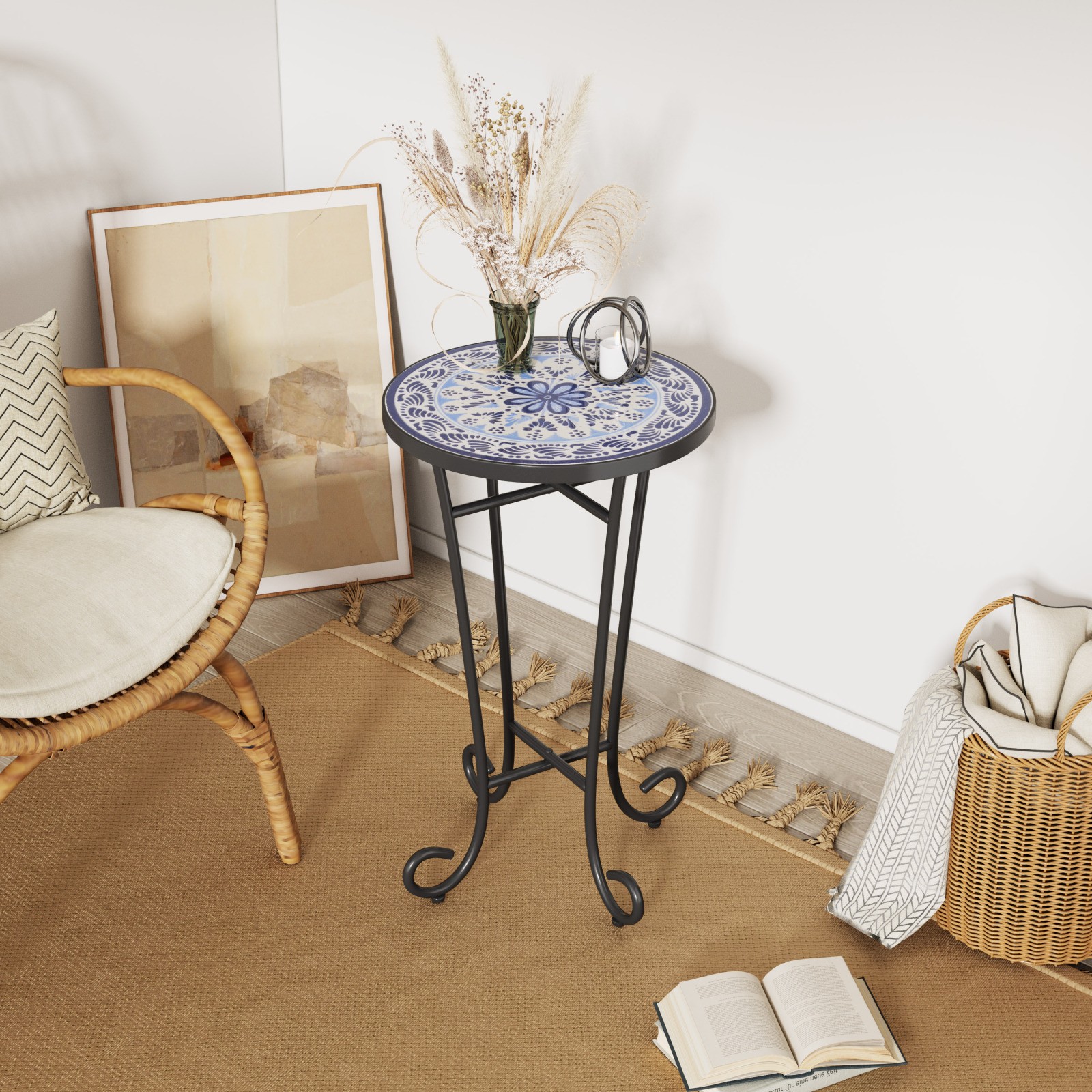 Outdoor Side Table Ceramic Tile Top Blue Black 14"x14"x23.25"