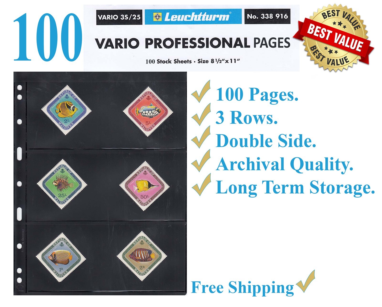 100 Lighthouse Vario 3S Double Side Black Stock Pages 3 Pockets Row Album Sheets