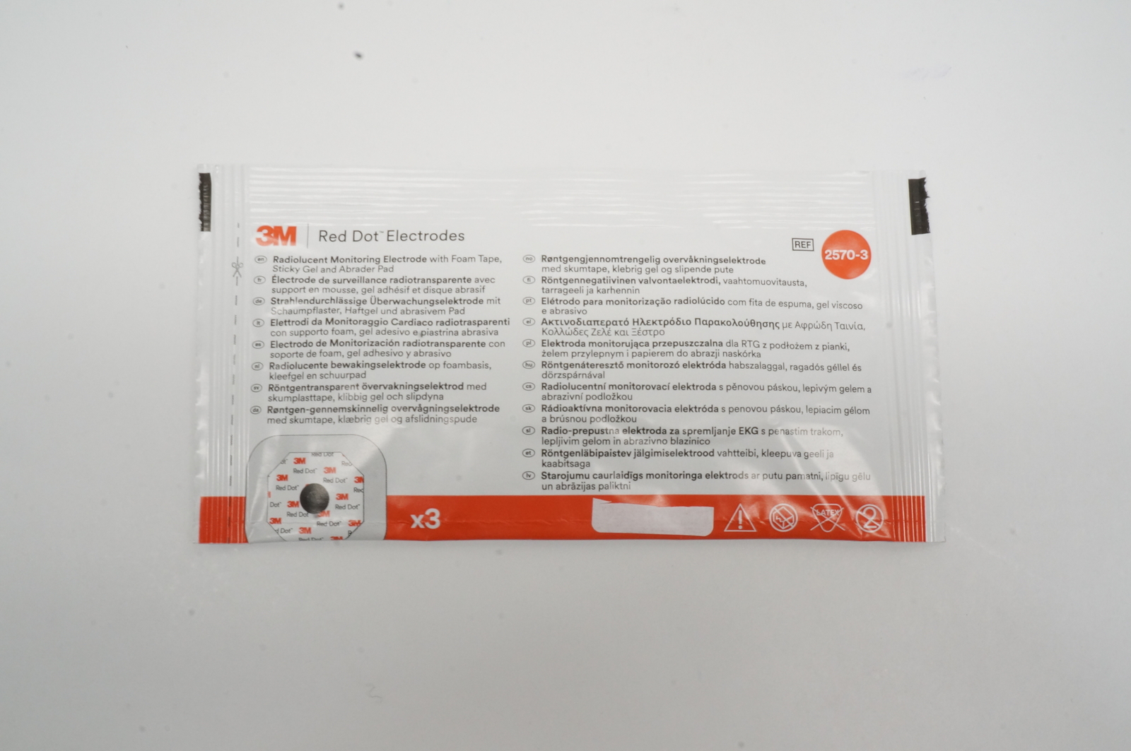 3M 2570-3 Red Dot Radiolucent Monitoring Electrode with Foam Tape - Pack of 3