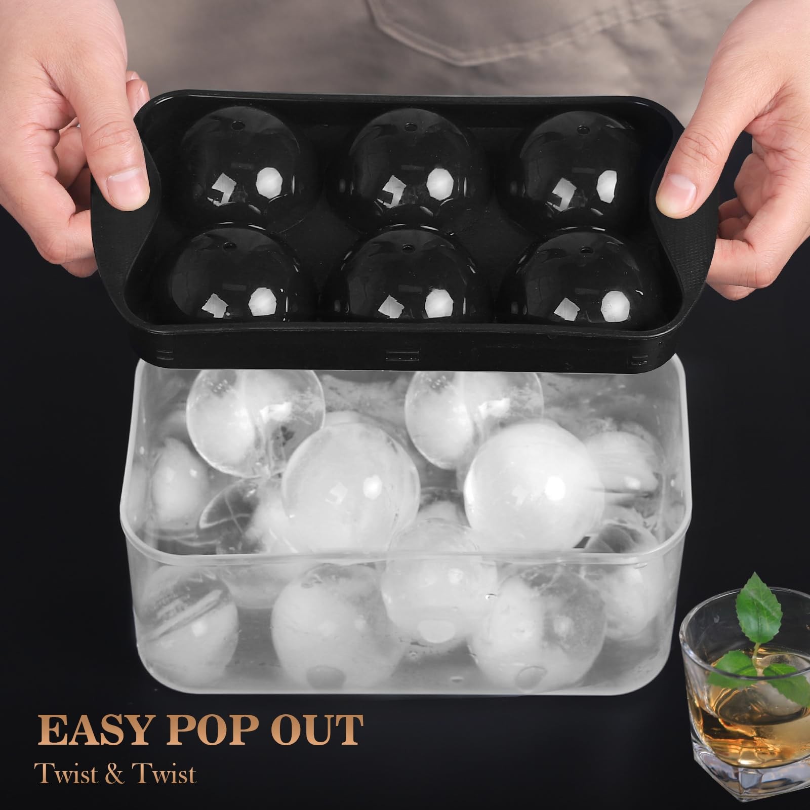 2 Pack Black Whiskey Ice Cube Molds Round Sphere 2.2 Inch