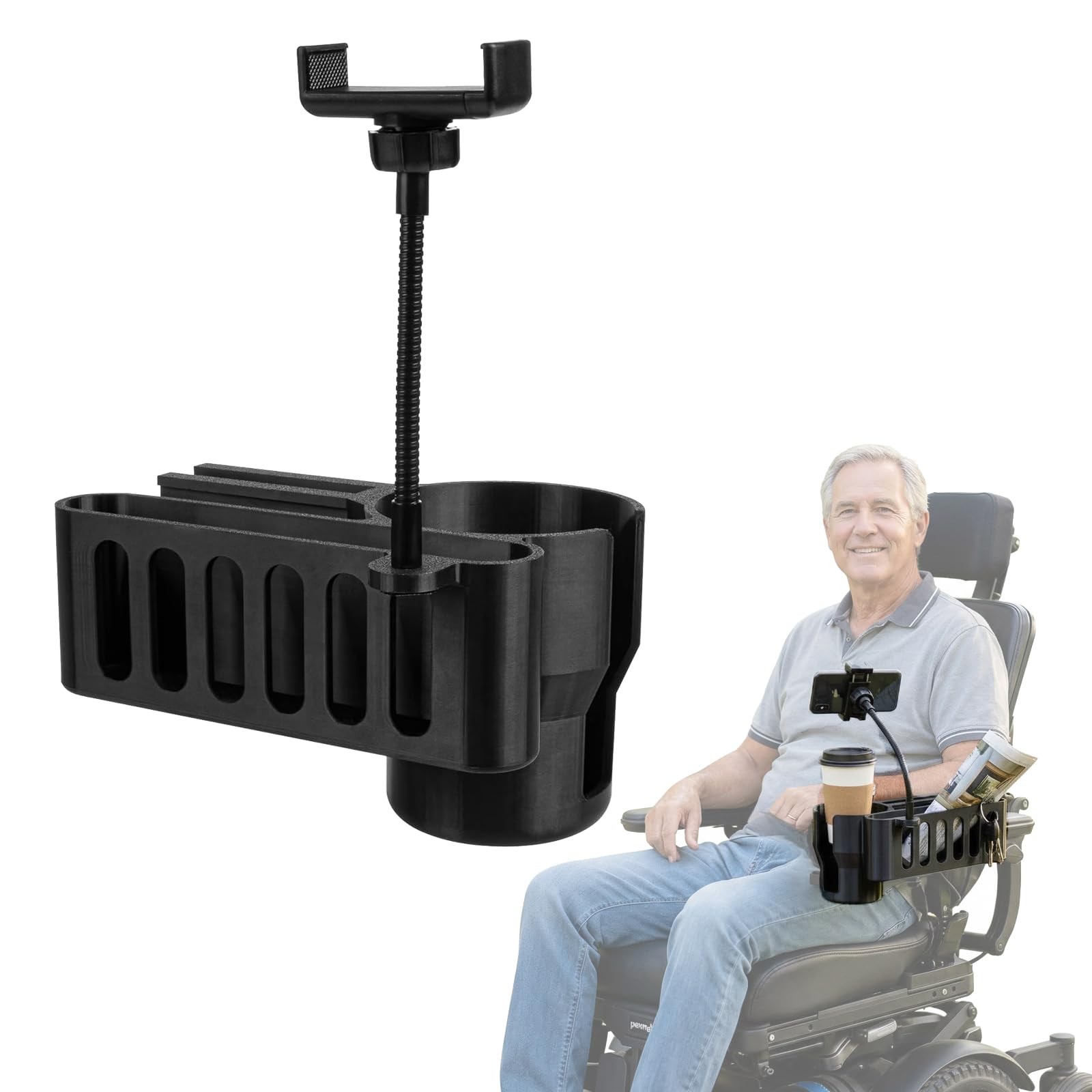 Cup Holder with Phone and Storage Basket for Permobil Power Black