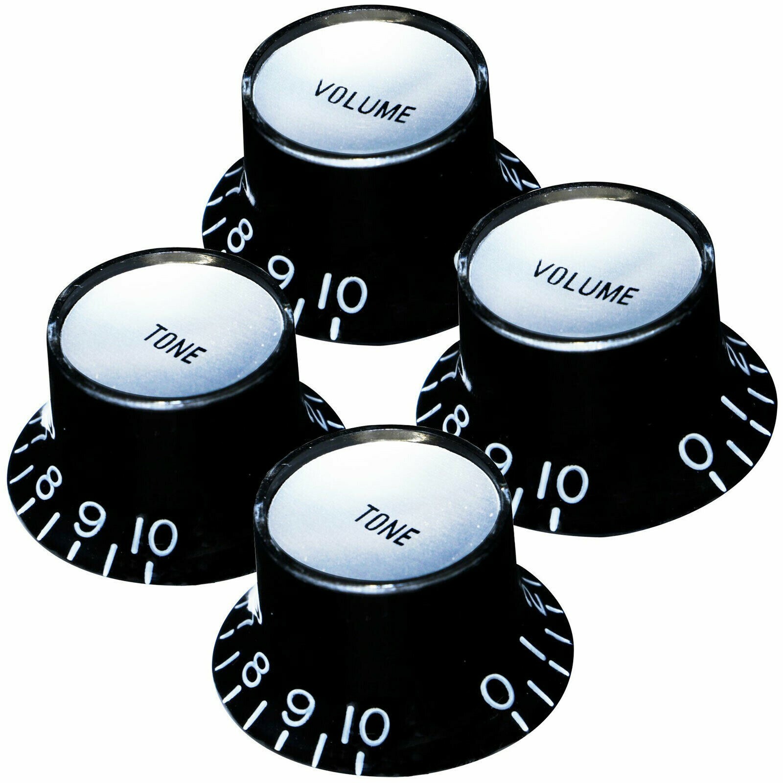 NEW Set 4 BLACK Bell Top Hat KNOBS Silver Reflector for Gibson 1/4" Tone Volume