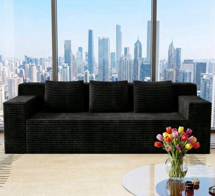 Black Striped Faux Fur Sofa 71" 3-Seater Contemporary Arm Couch with Cushions