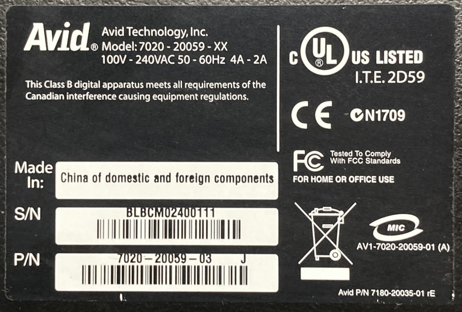 Avid 7020-20059-03 Interface Hardware w/ Adapter & Power Cord