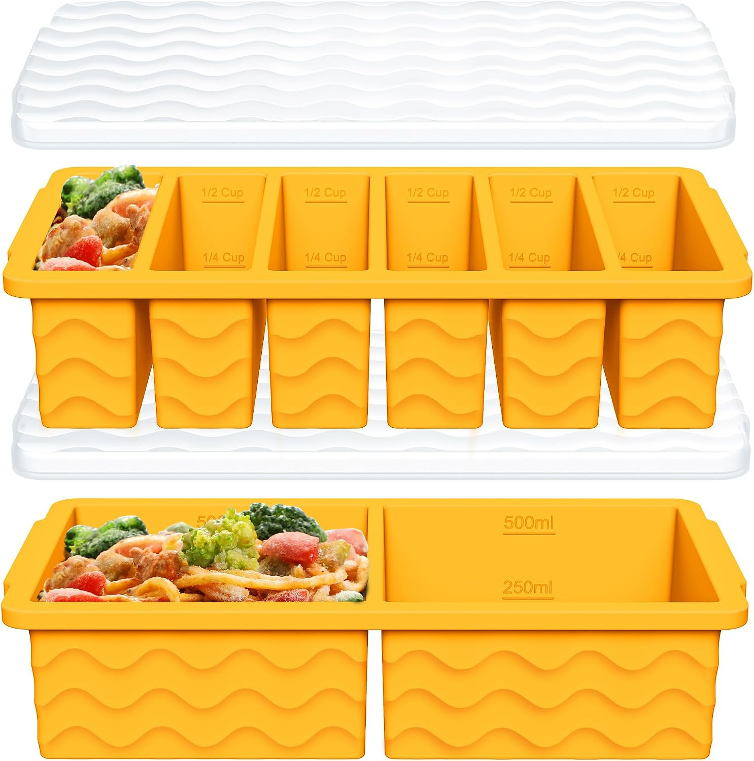 2-Pack Silicone Freezer Trays with Lid, 2 Large 2-Cup(500ml) & 6 Small 1/2-Cup(1