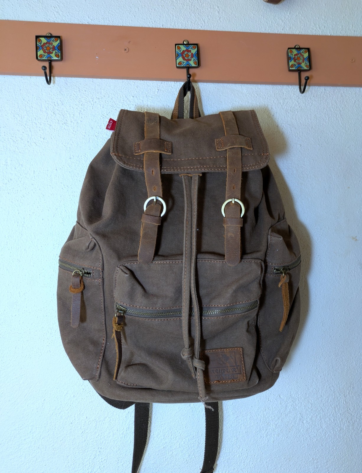 AUGUR Strauss & Co. Brown Canvas Hiking Backpack Leather Trim 5 Pockets