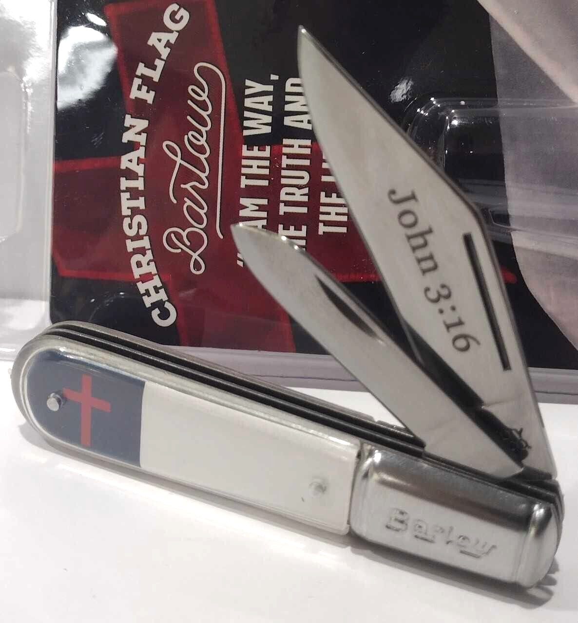 John 3:16 Christian Flag Synthetic Handles 2 Blade BARLOW Pocket Knife Pen EDC