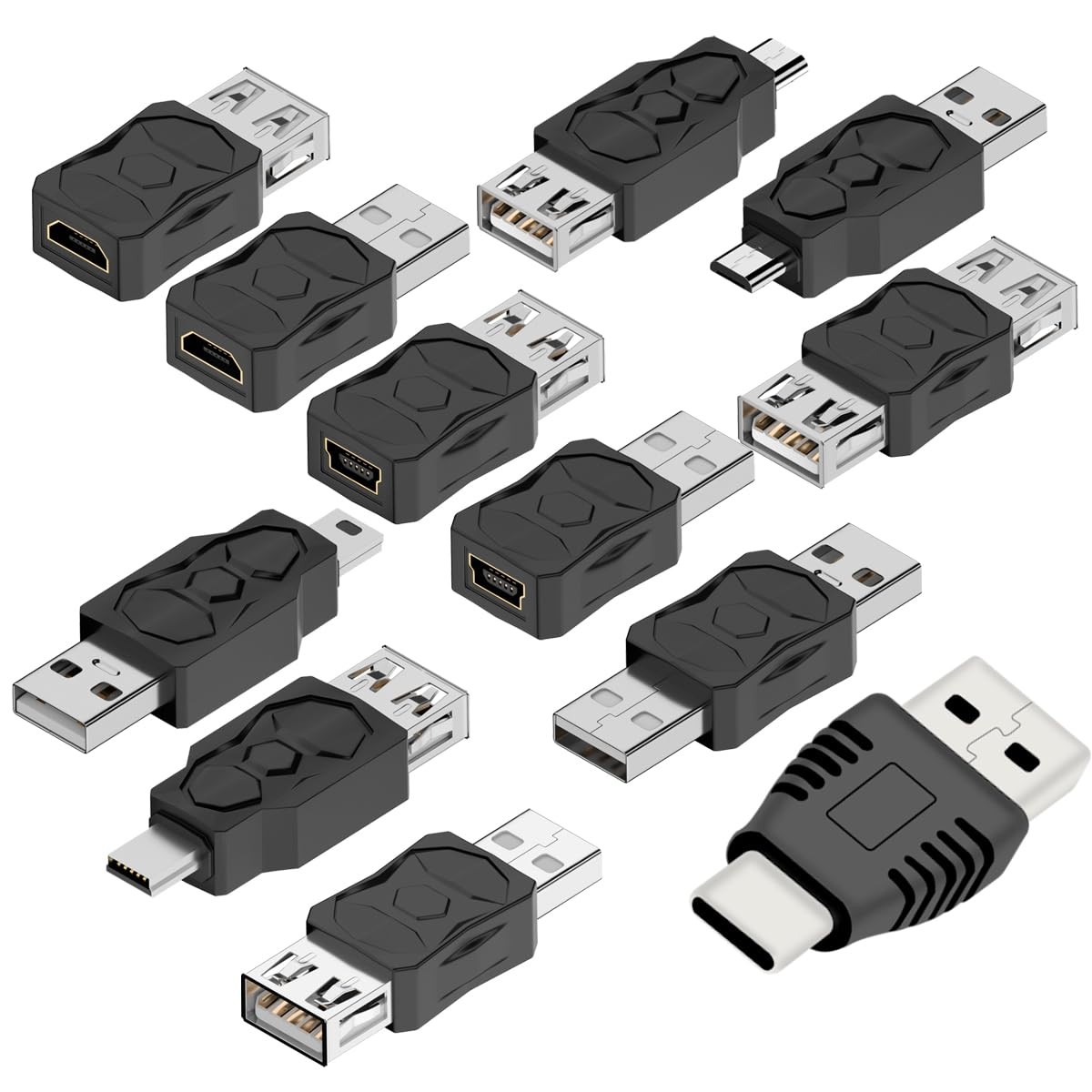ZJKJHJY USB 2.0 Adapter Set USB/Type C/Micro/Mini Male to Female Black