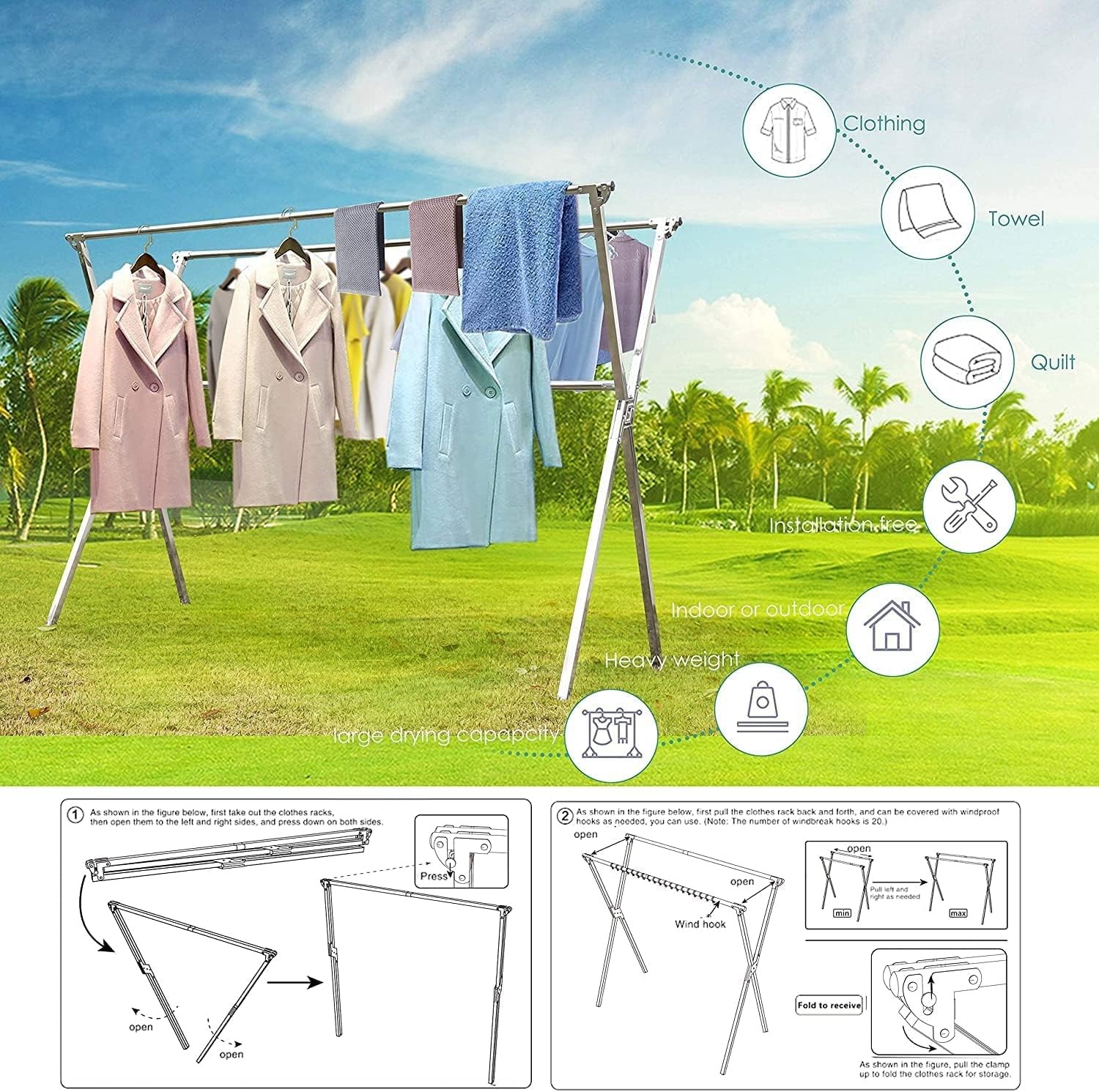 Outdoor Steel Drying Rack Adjustable Space Saving Windproof