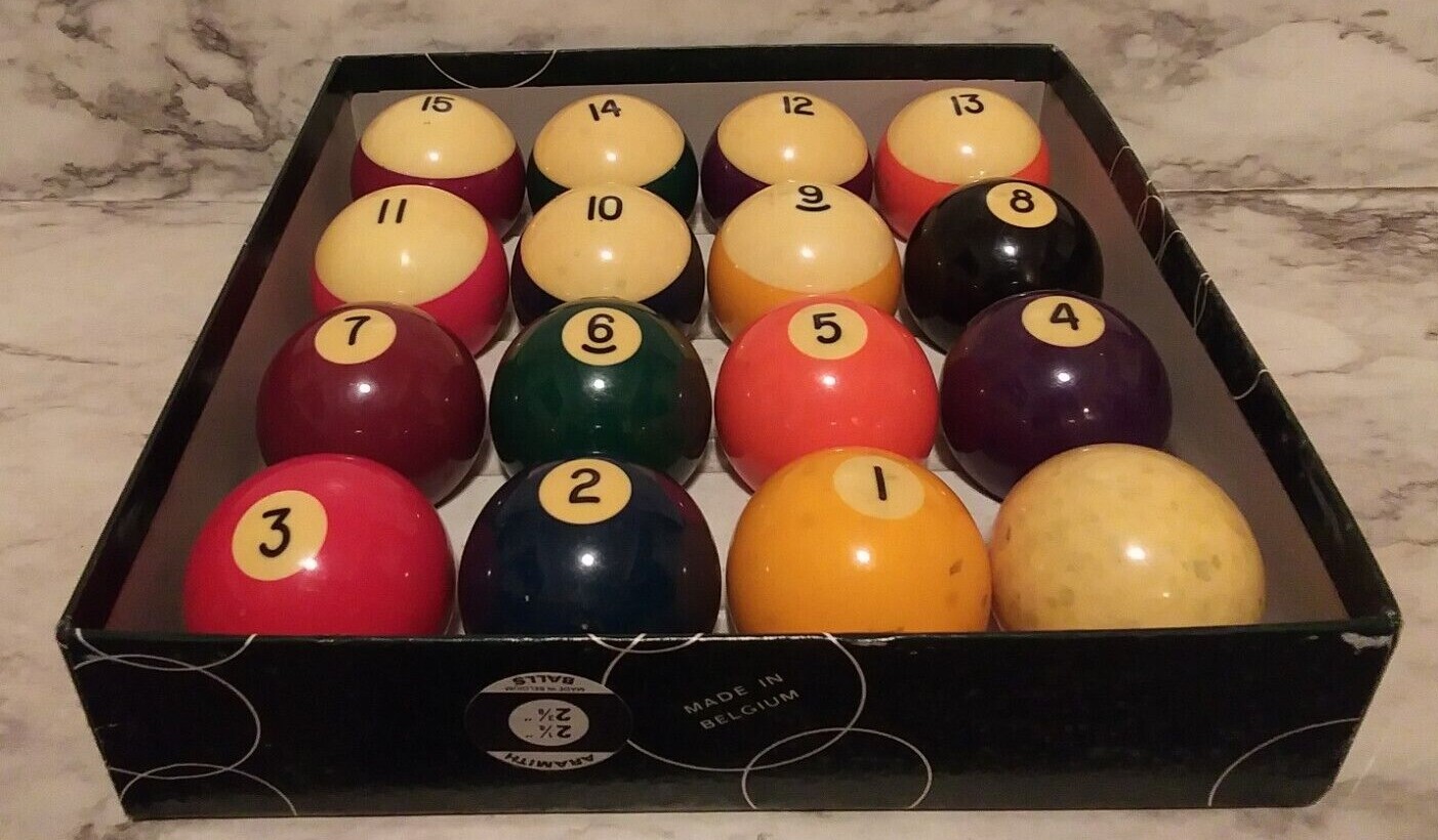 Vintage AARAMITH Belgian Billards Pool Ball Set of 16 BAKELITE 2 1/4"