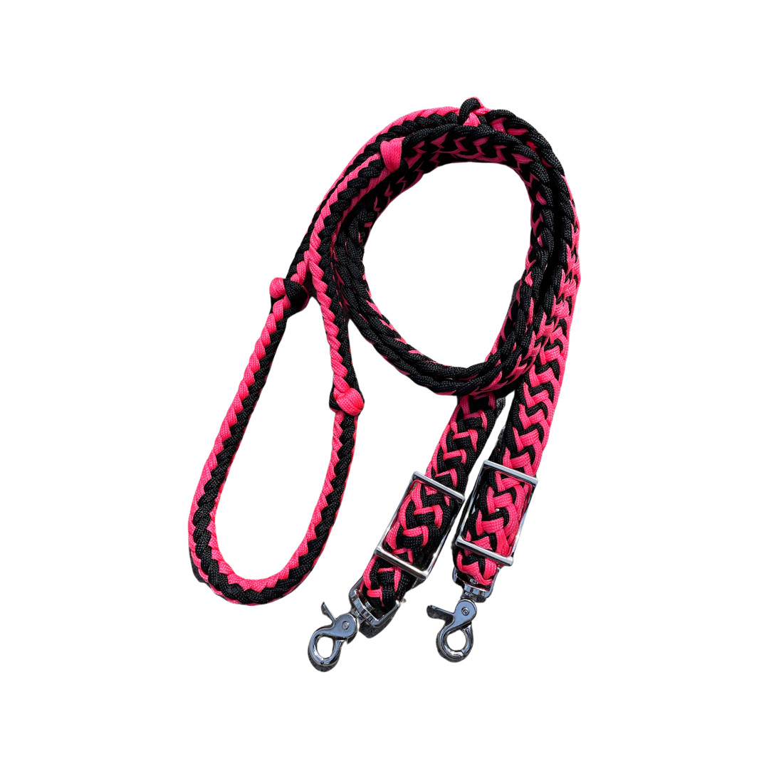 Braided Barrel Reins 8 ft long with 2 Scissor Snaps Hot Pink/Black #55045