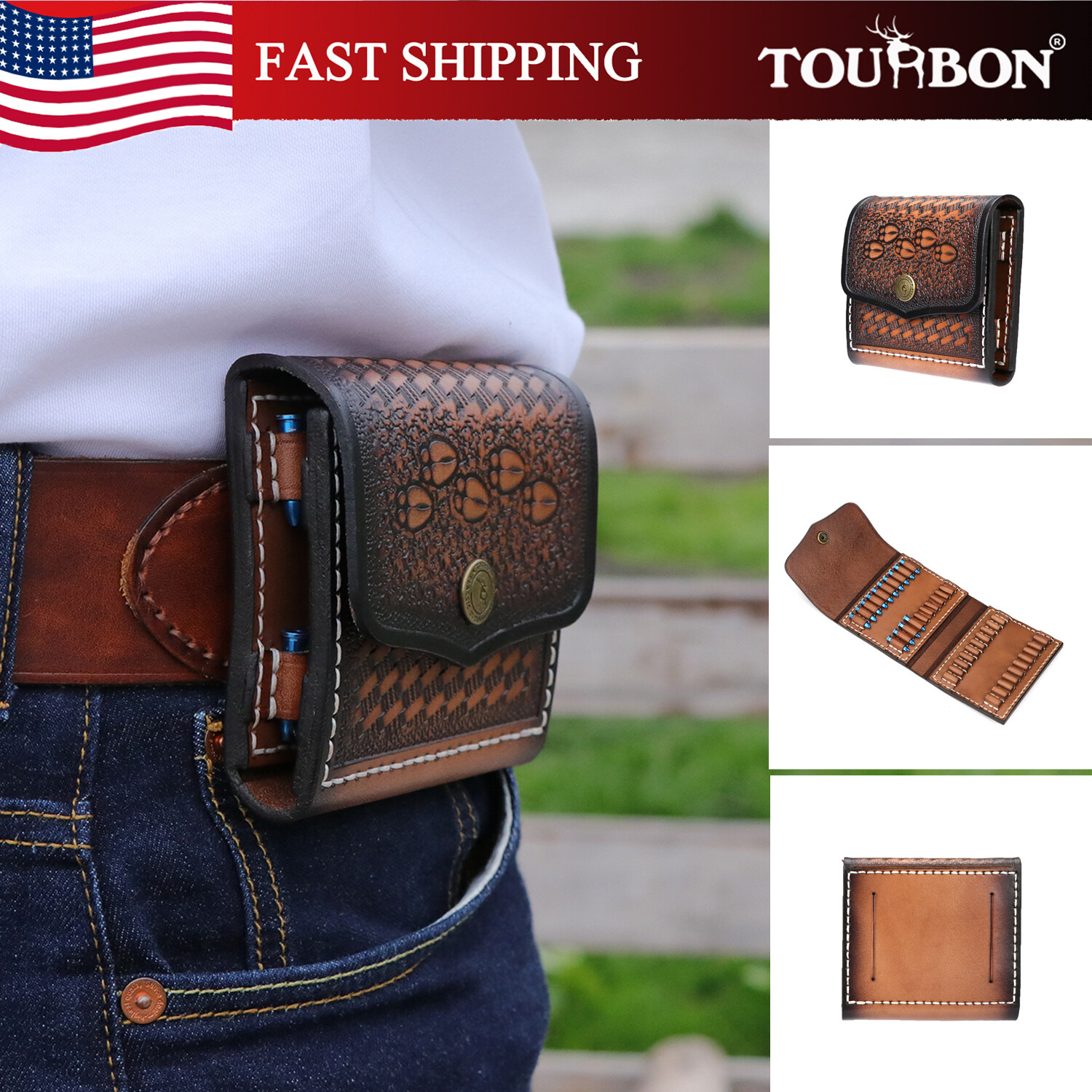 TOURBON Leather Hunting .22LR Shell Belt Pouch Ammo Holster Bullets Wallet in US