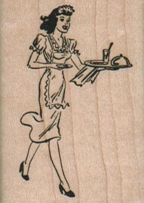 Retro Waitress With Tray 1 1/2 x 2" Mounted Rubber Stamp, Food and Drink Stamp