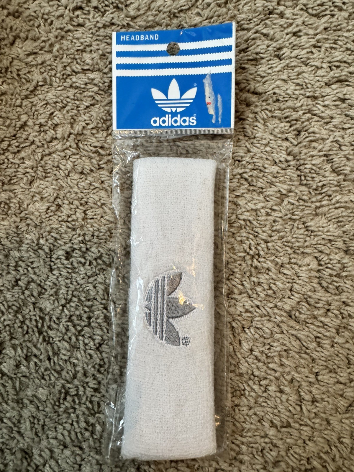 Vtg Deadstock NOS Adidas Headband White Terrycloth Gray Trefoil Logo Embroidered