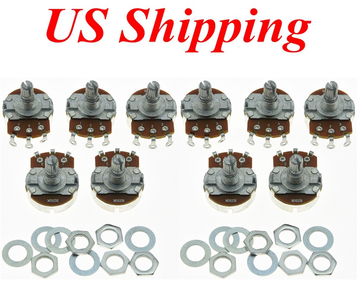 10-Pack B250K Large Linear Guitar Pots with 15mm Split Shaft 250K Potentiometer