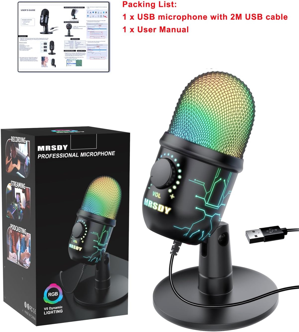 MRSDY Gaming Microphone USB Computer Microphone for PC Mac PS4/5 Condenser