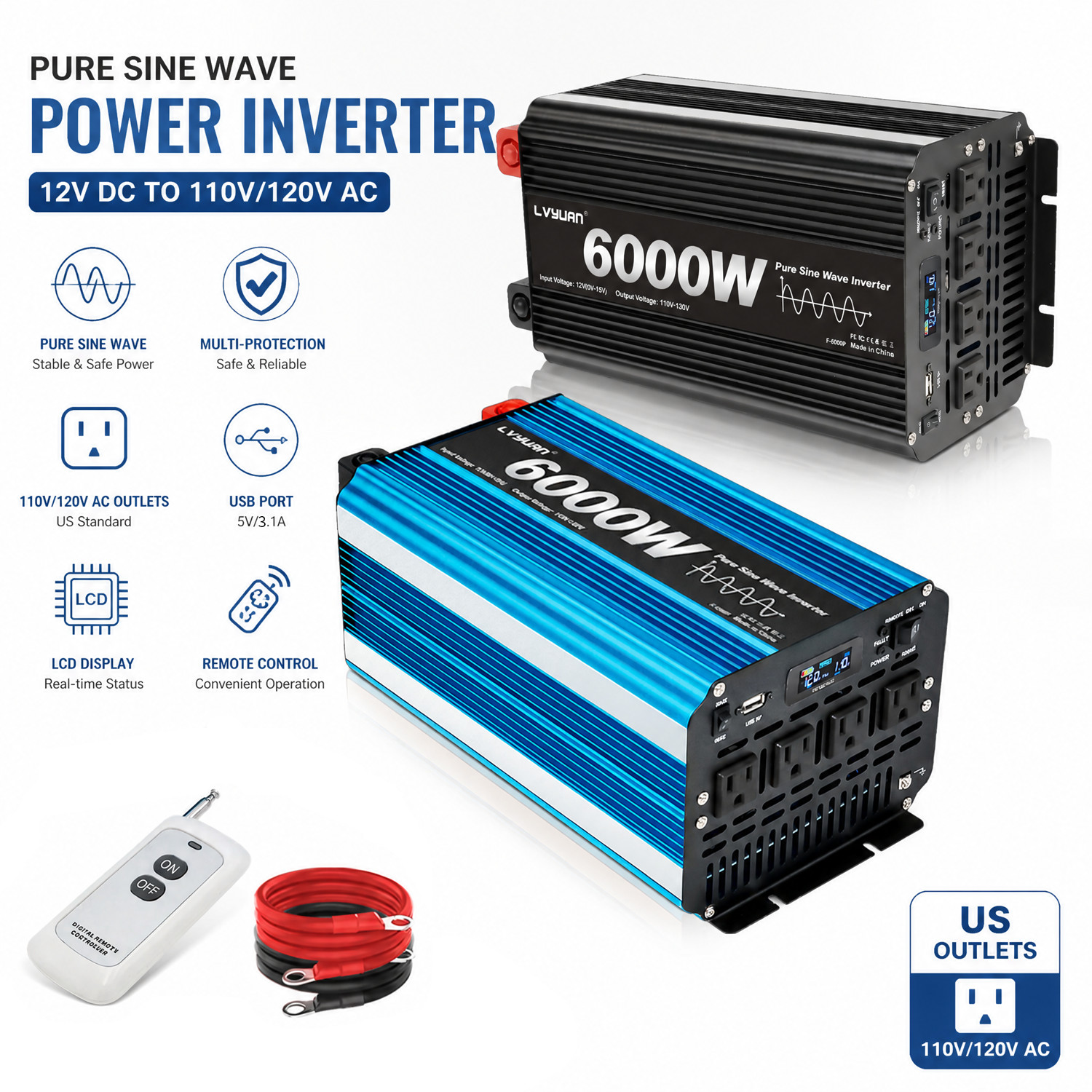 3000W 6000W Surge Pure Sine Wave Power Inverter 12V DC to 110V AC Remote LCD RV