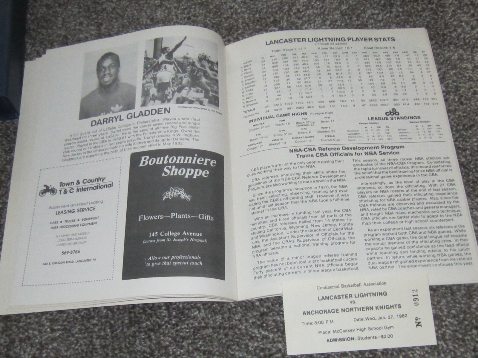 1981 - 82 Lancaster Lightning CBA Basketball Program / Yearbook W/ Game Ticket