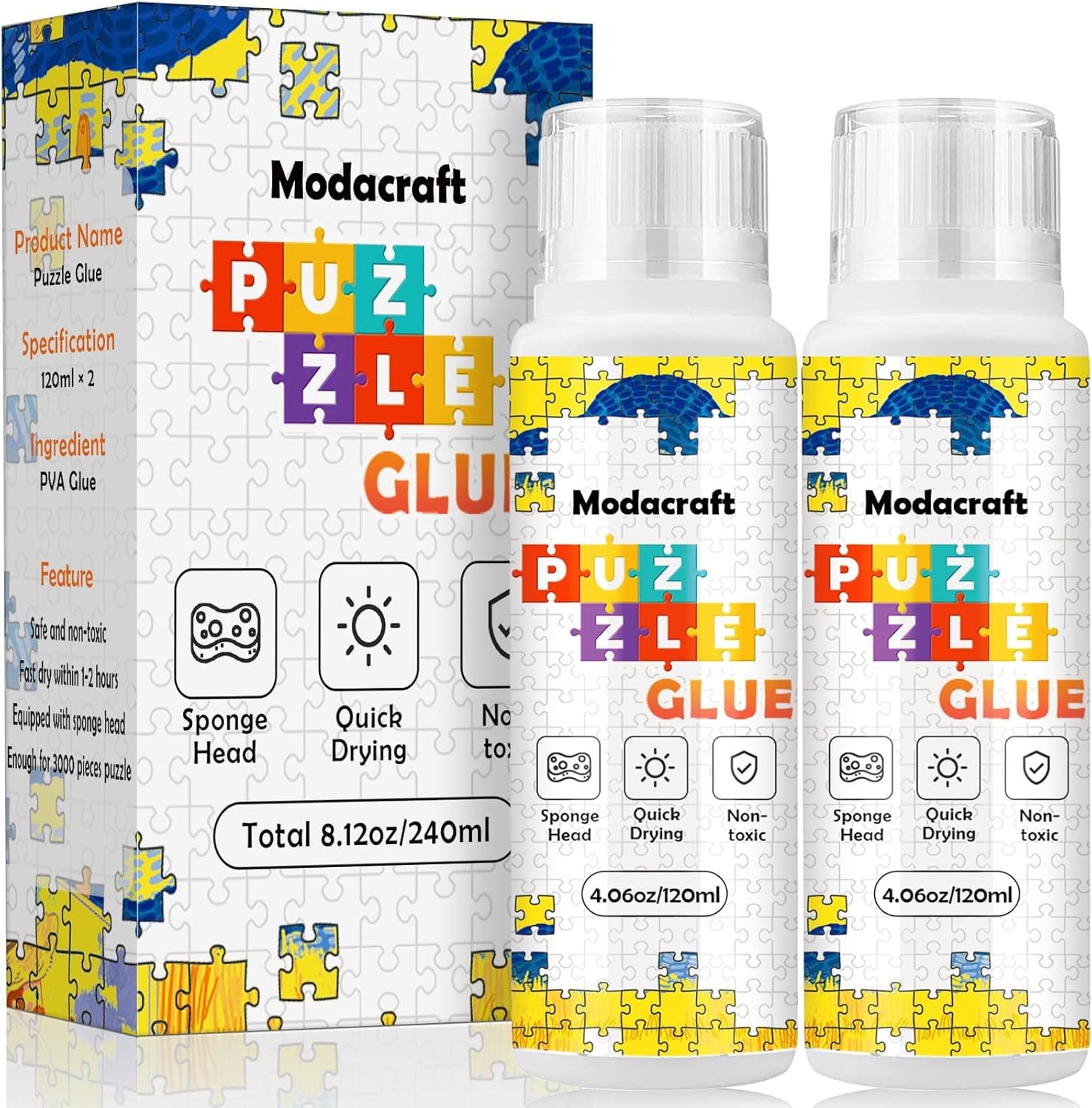 2 Pack 120ml Jigsaw Puzzle Glue with New Sponge Head, 2 120ml, Clear