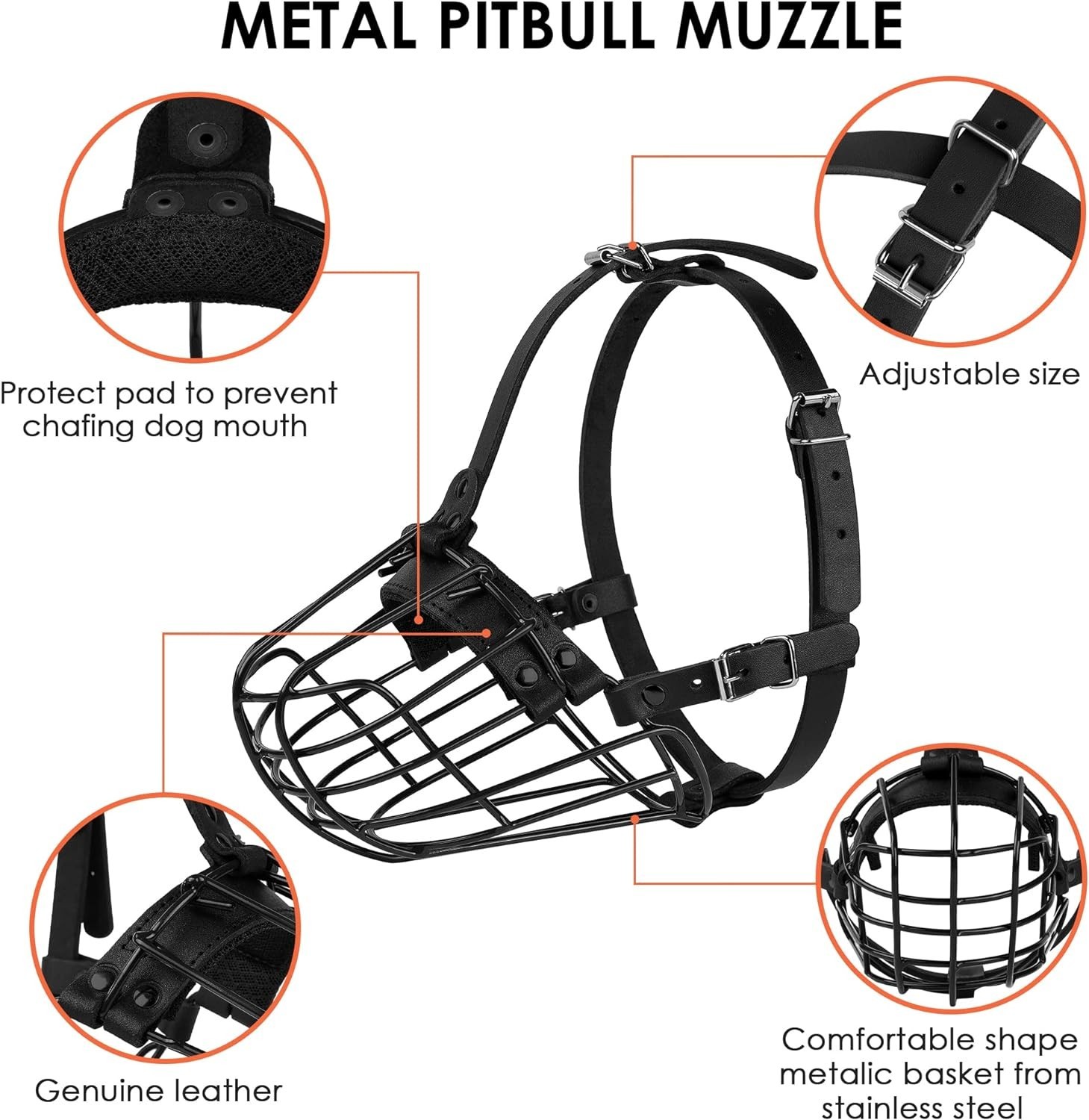 Pitbull Dog Muzzle Metal Mask Amstaff Secure Wire Basket Adjustable Durable Leat