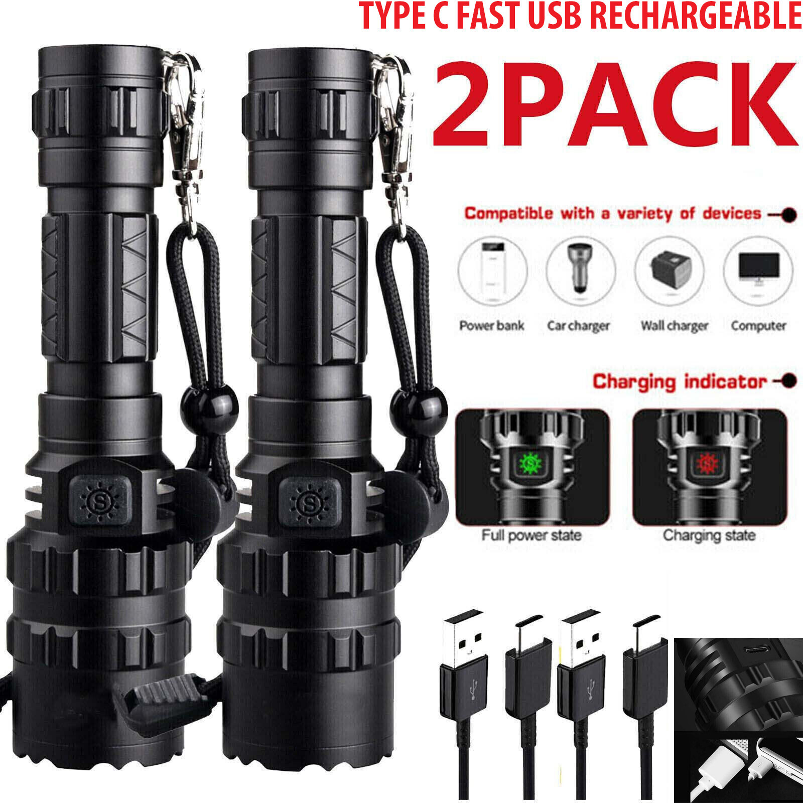 5000000 Lumen LED Tactical Flashlight Rechargeable Super Bright Powerful Torch