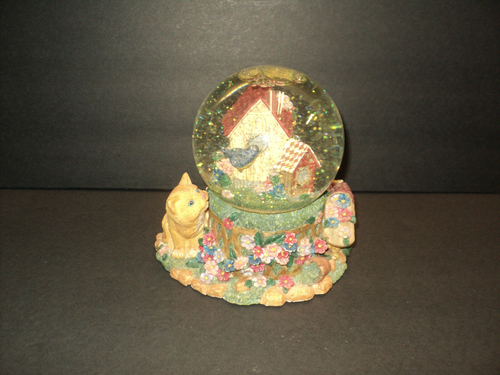 Musical Glitter Globe Cat & Birdhouses "You Are My Hero" Resin