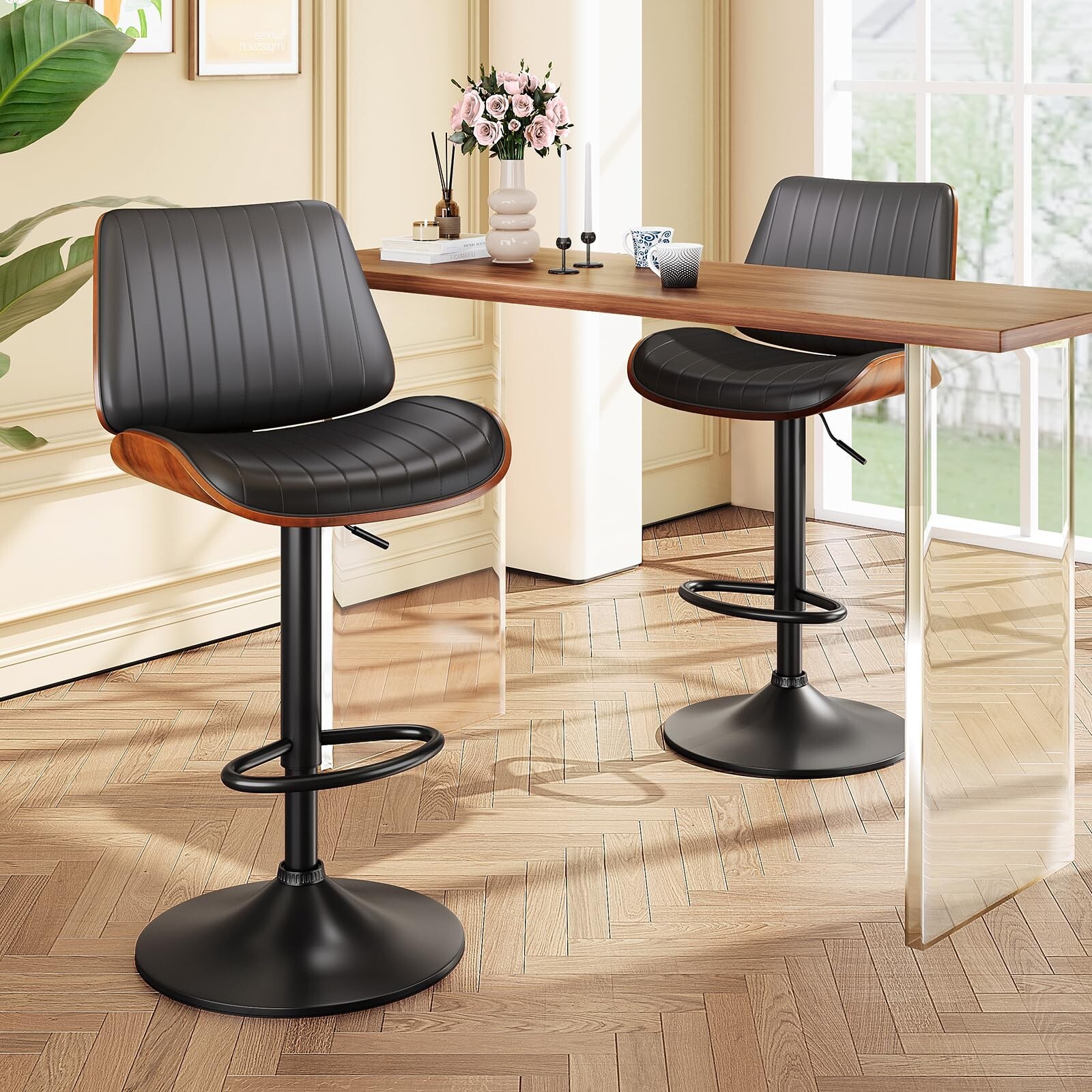 Pre-Owned Bar Stools Set of 2 Swivel Adjustable w/PU Leather Back Kitchen Black
