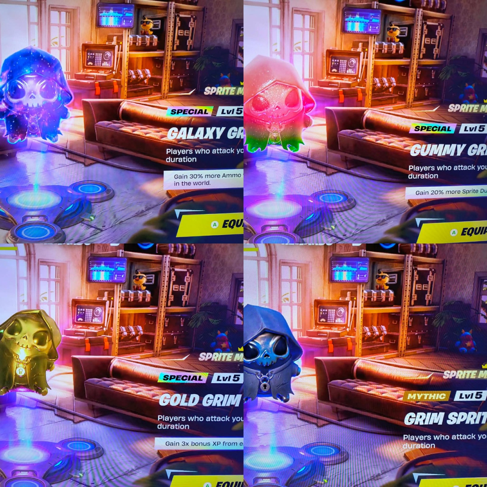 Fortnite- Grimo or Zero Point Spirit level 5 pack (Galaxy, Gummy, Regular, Gold)
