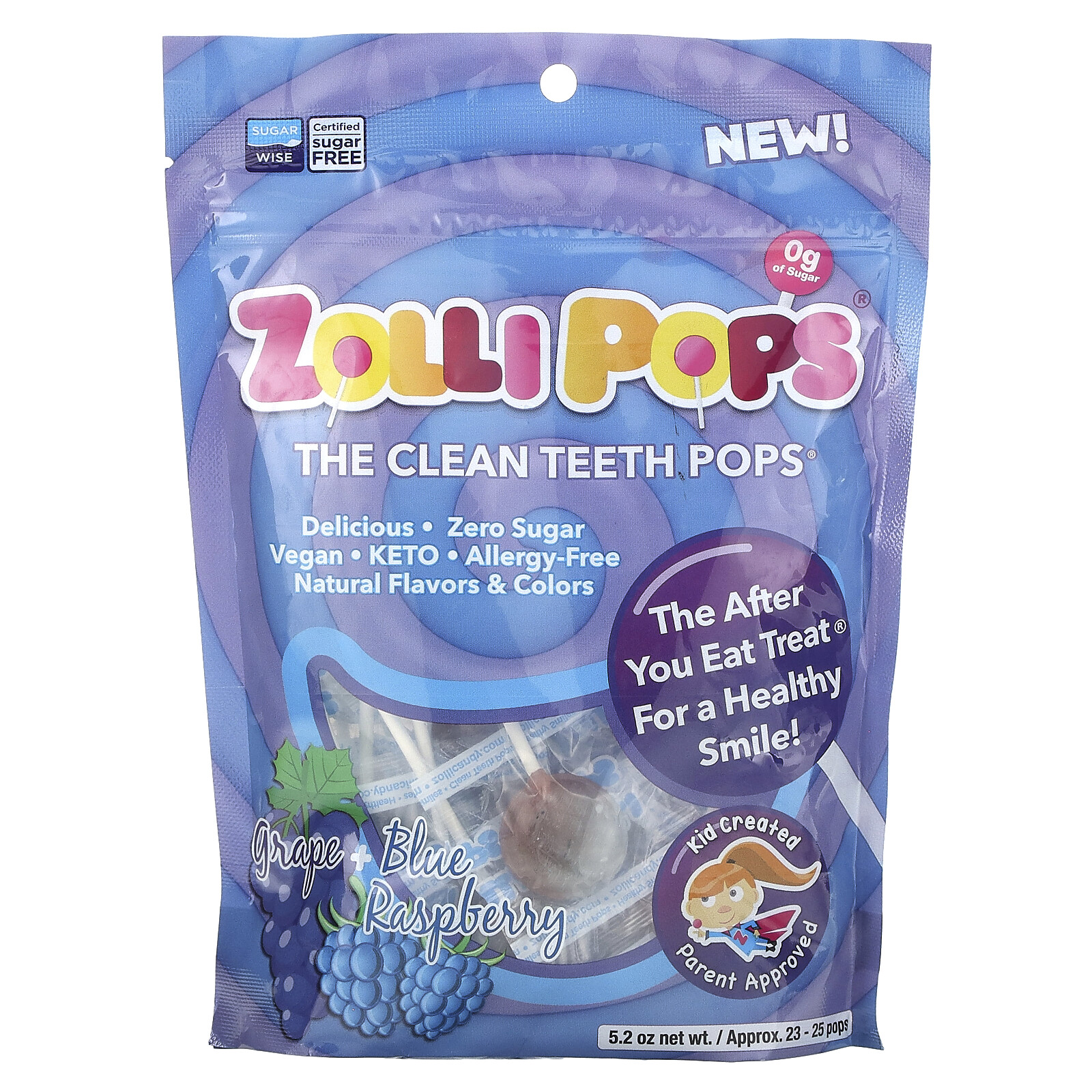 The Clean Teeth Pops, Grape + Blue Raspberry, Approx. 23-25 pops, 5.2 oz