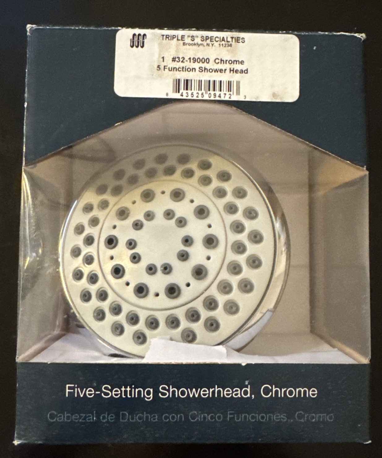 Triple S Specialties Chrome Shower Head 5-Setting Fixed Wall Mount 32-19000 New