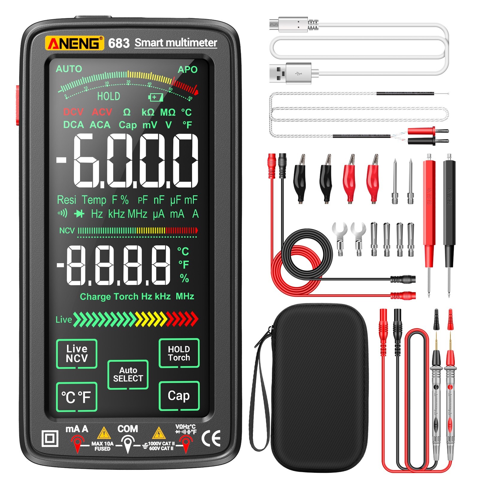ANENG 683 True RMS Digital Multimeter Touch Screen Rechargeable 6000 Counts