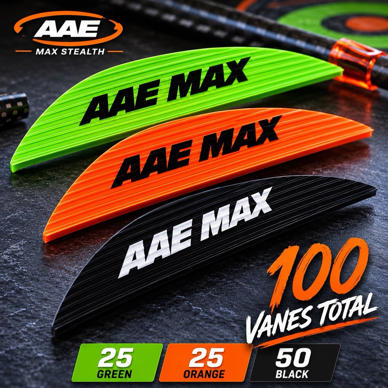 AAE Max Stealth Vanes 100 Pack - 50 Black / 25 Green / 25 Orange - Made in USA