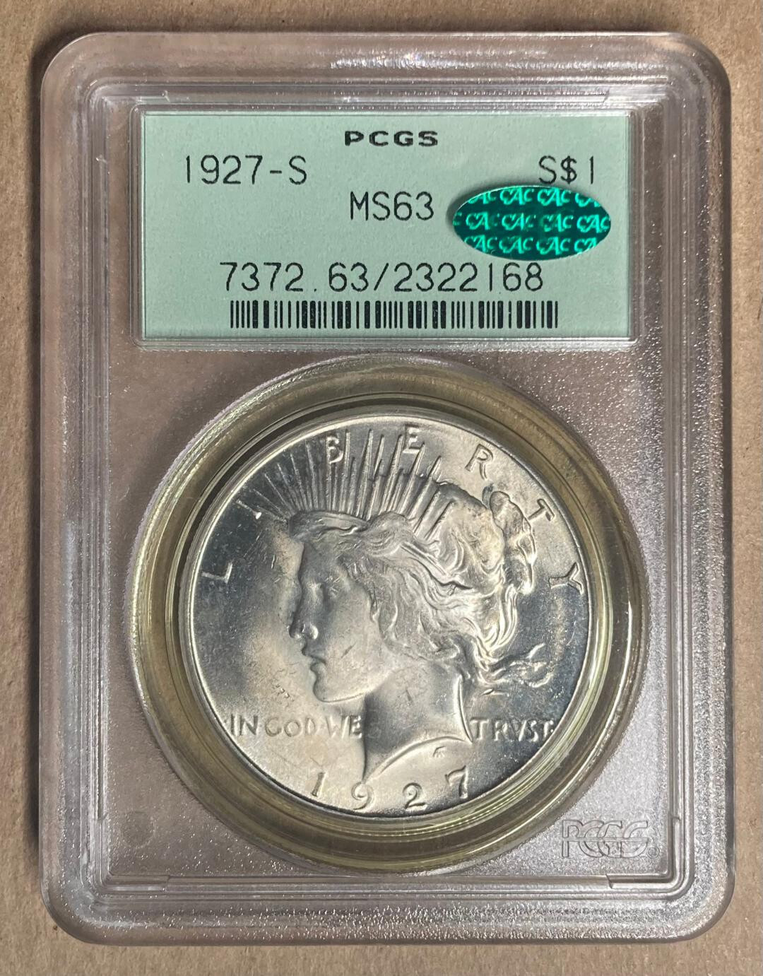 1927-S PCGS & CAC MS63 Peace Silver Dollar $1 - OGH - Old Green Holder