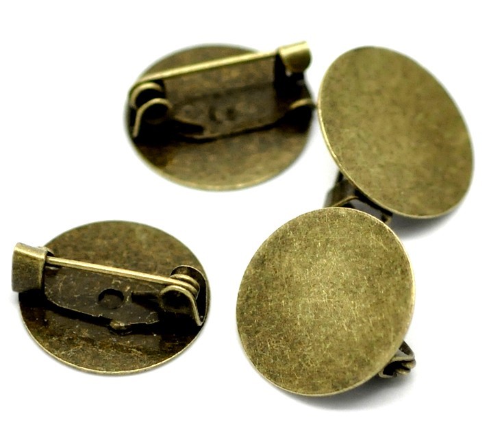 12 Cabochon Brooch Pin Brass Round 15mm Setting Picture Cameo Lot of 12