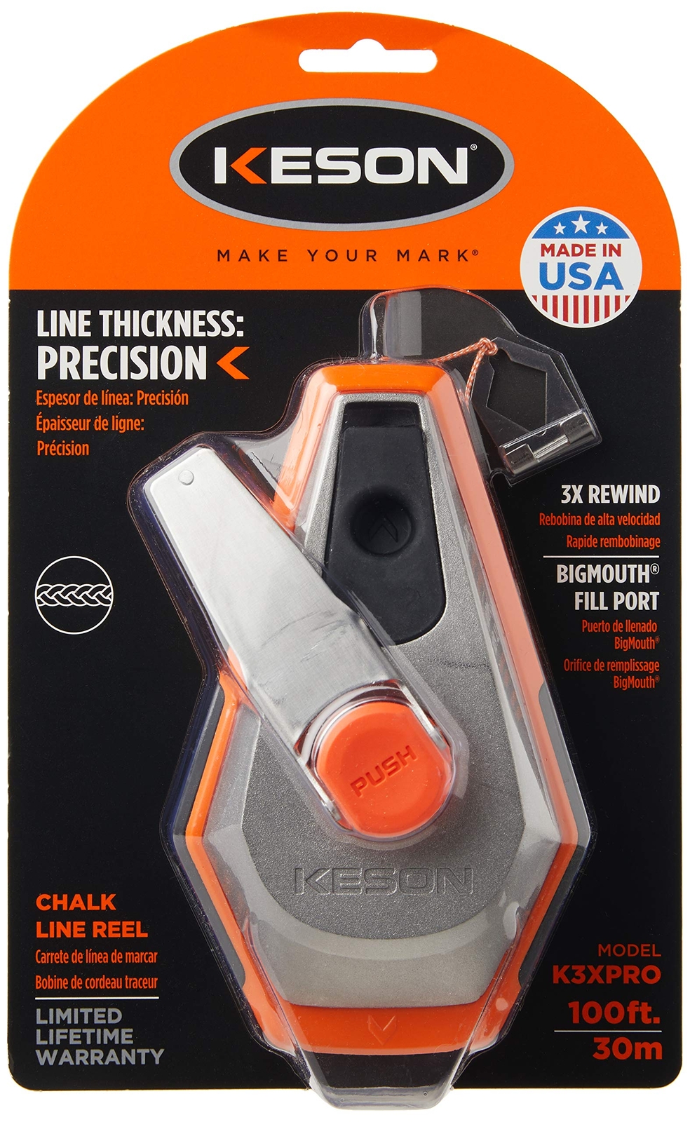 Line Thickness Precision String Chalk Line Reel With 3x1 Rewind 100 FT