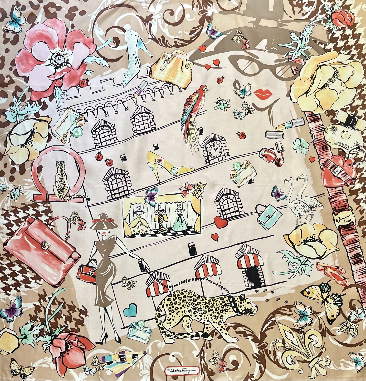 New Unisex Salvatore Ferragamo Silk Scarf Icons Beauty Animal Floral Beige Wrap