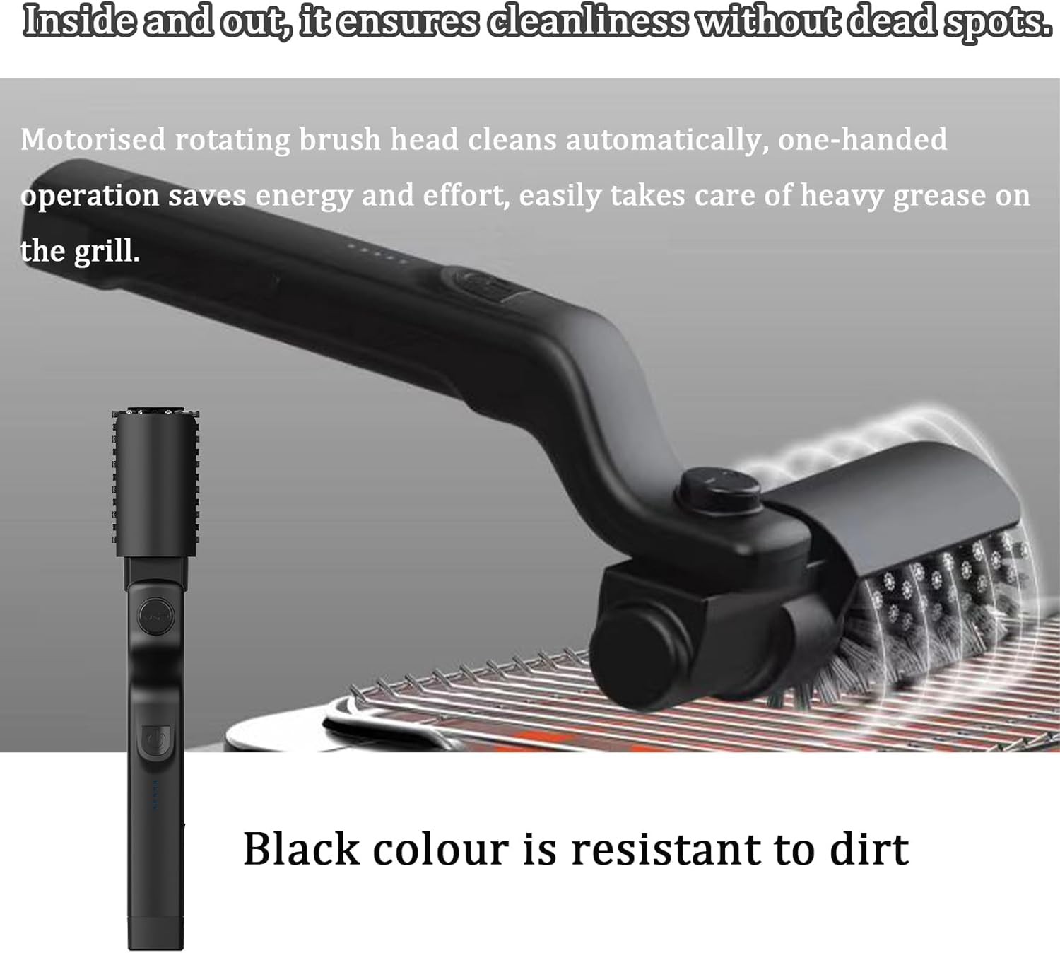 Rechargeable Black Electric BBQ Grill Brush with Two Replacement Brushes
