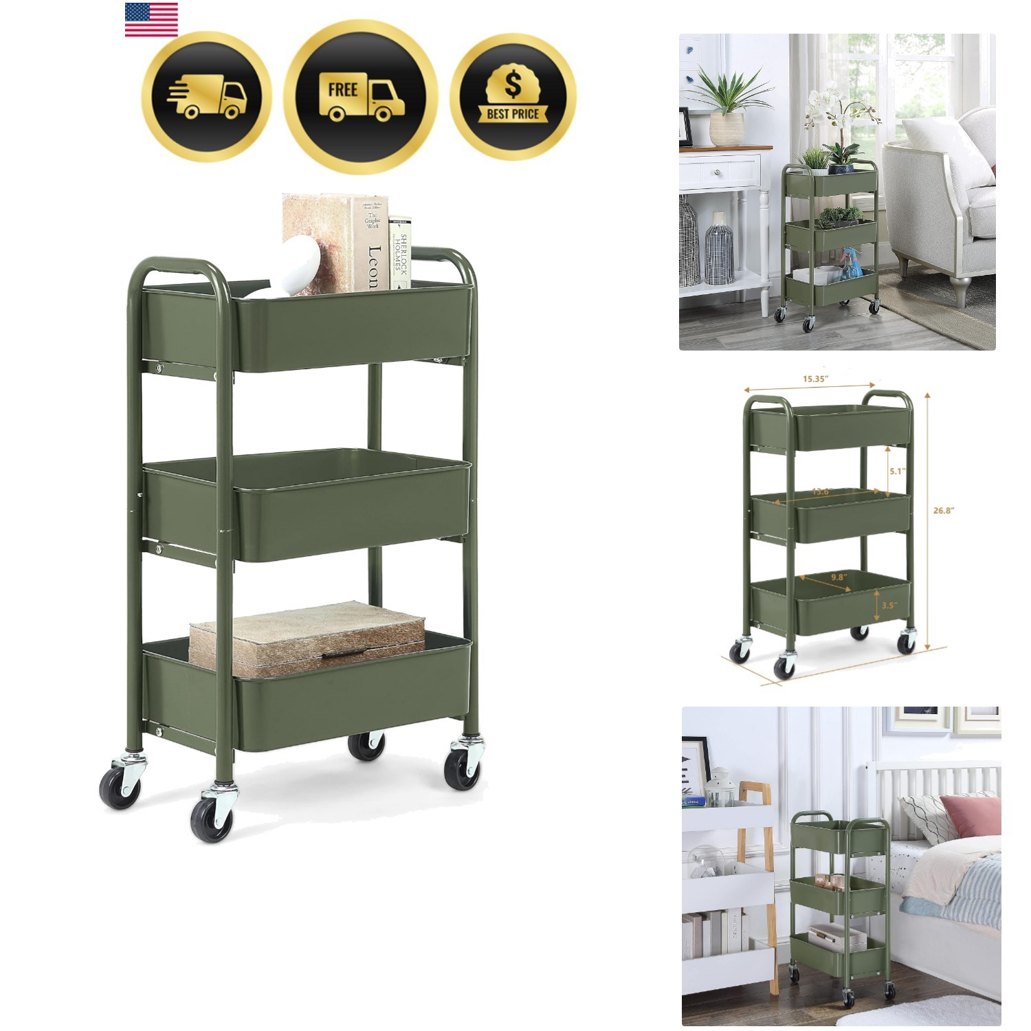 3-Tier Delicate Compact Rolling Metal Storage Organizer - Mobile Utility Cart...
