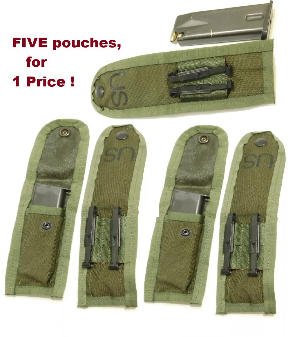 5 Pouches, US Army 9MM / 45 Magazine Ammo Pouch W/2 Alice Clips. OD Green, NEW !