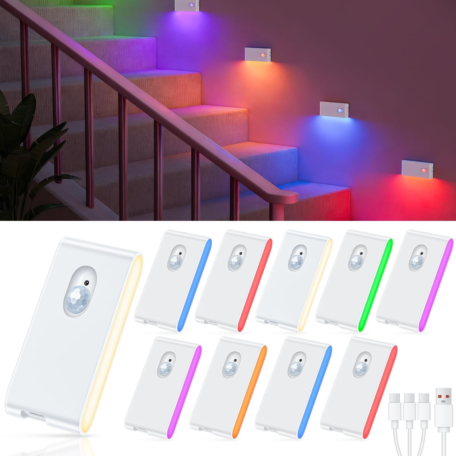 Motion Sensor Night Light, RGB & Warm White Stair Lights Indoor, Rechargeable...