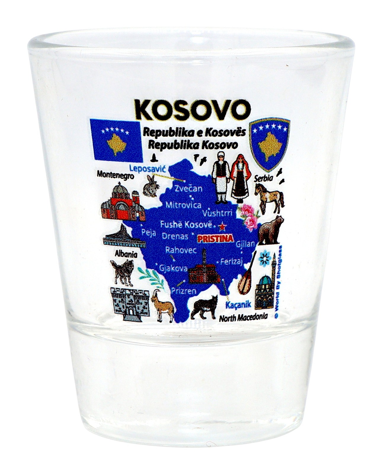 Kosovo Map and Attractions Collage Shot Glass